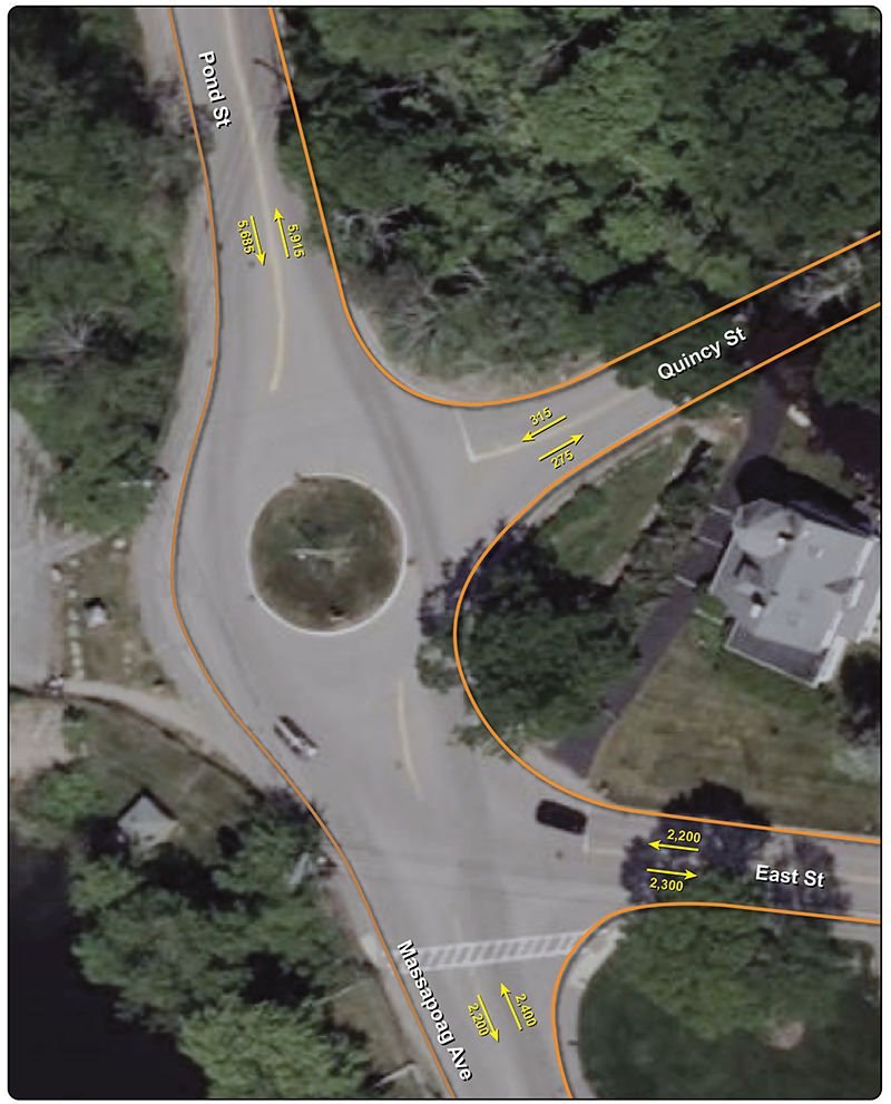 A map of the study intersection that shows the average annual daily traffic in each direction on the roads approaching the intersection. 